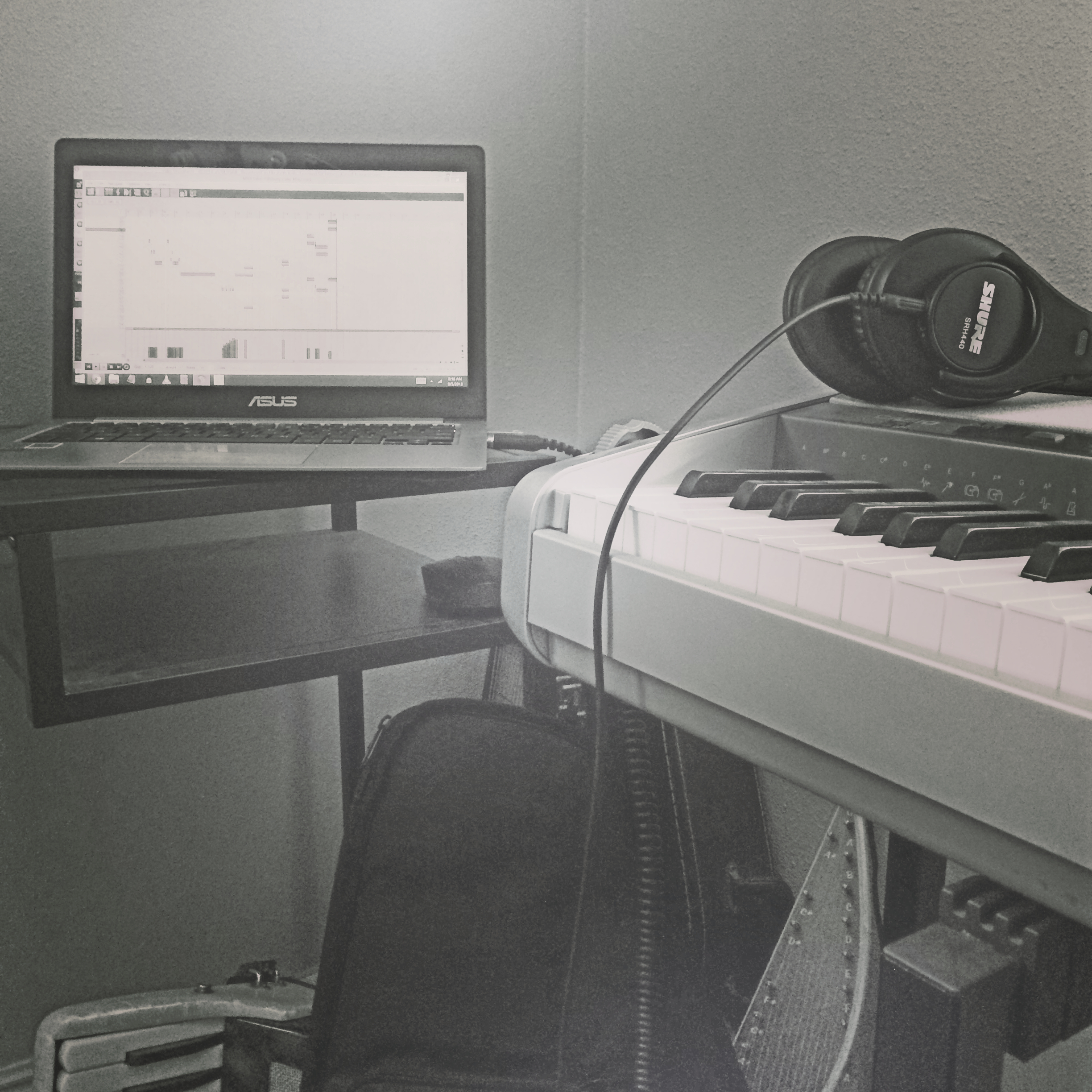 Asus laptop, Casio keyboard, Shure headphones