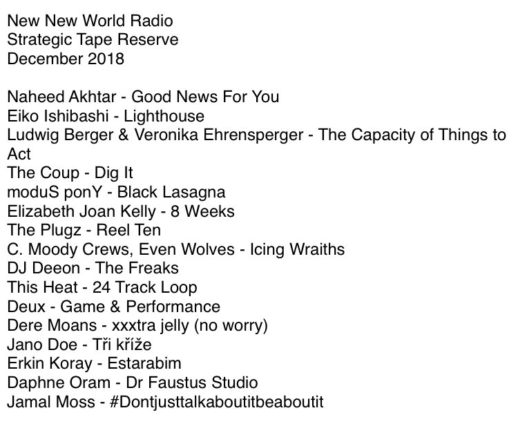New New World Radio, Strategic Tape Reserve, December 2018: Naheed Akhtar - Good News For You; Eiko Ishibashi - Lighthouse; Ludwig Berger & Veronika Ehrensperger - The Capacity of Things to Act; The Coup - Dig It; moduS ponY - Black Lasagna; Elizabeth Joan Kelly - 8 Weeks; The Plugz - Reel Ten; C. Moody Crews, Even Wolves - Icing Wraiths; DJ Deeon - The Freaks; This Heat - 24 Track Loop; Deux - Game & Performance; Dere Moans -xxxtra jelly (no worry); Jano Doe - Tri krize; Erkin Koray - Estrabim; Daphne Oram - Dr Faustus Studio; Jamal Moss - #Dontjusttalkaboutitbeaboutit